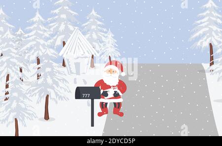 Christmas eve:Santa Claus stand near outdoor mailbox and holds a letter with wishes.Santa fabulous house and road in pine forest.Snow is falling Stock Vector