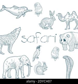 group of animals realistic characters drawn style icons and lettering vector illustration design Stock Vector