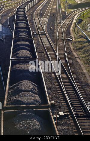 black coal in train wagons on the rails is moved to the next unloading point in logistics