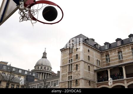 Students play basketball in the courtyard of the Lycee Louis-le-Grand public secondary school, in Paris, France on January 31, 2013. Louis-le-Grand, founded in 1563, is located in the heart of the Quartier Latin, the traditional student's area of Paris and regarded as one of the most rigorous public secondary schools in France. Photo by Stephane Lemouton/ABACAPRESS.COM Stock Photo