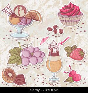A set of stickers with desserts, sweets, fruit and drinks. Vector vintage illustration on grunge background. Elements for menu, cafes, restaurants Stock Vector