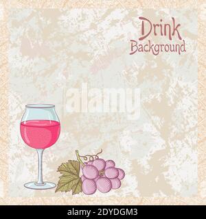 Vector illustration of glass of wine with grapes on a grunge background. Vintage design for menu, restaurant, cafe, shop, cookbook. Stock Vector