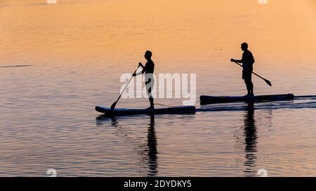pair of stand up paddlers in the dawn Stock Photo