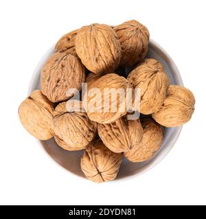 Shelled walnuts on white ceeramic bowl top view isolated on white background. Stock Photo