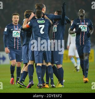 PSG's Zlatan Ibrahimovic celebrates with team mates after scoring during the French Cup 1/8 round soccer match, Paris Saint-Germain Vs Olympique de Marseille at the Parc des Princes Stadium in Paris, France on February 27 2013. PSG won 2-0. Photo by Christian Liewig/ABACAPRESS.COM Stock Photo