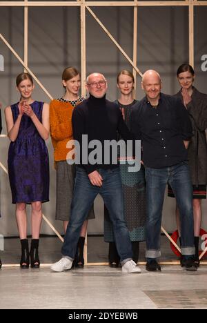 German designers Otto Droegsler and Joerg Ehrlich appear alongside models at the end of their collection show for fashion house Odeeh as part of the Fall-Winter 2013/2014 Ready-to-Wear Paris Fashion Week, at Galerie Weber in Paris, France on March 4, 2013. Photo by Thierry Orban/ABACAPRESS.COM
