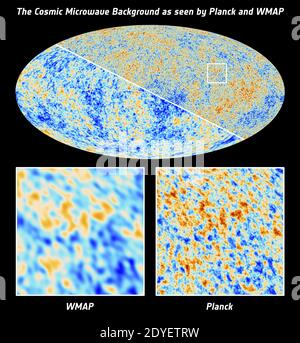 handout photo just released by the European Space Agency of a spectacular new map of the 'oldest light' in the sky. This image shows the Cosmic Microwave Background as seen by ESA's Planck satellite (upper right half) and by its predecessor, NASA's Wilkinson Microwave Anisotropy Probe (lower left half). With greater resolution and sensitivity over nine frequency channels, Planck has delivered the most precise image so far of the Cosmic Microwave Background. The Planck image is based on data collected over the first 15.5 months of the mission; the WMAP image is based on nine years of data. Phot Stock Photo