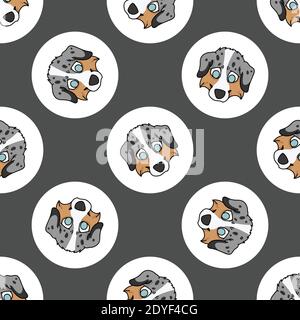 Hand drawn cute Australian Shepherd dog face breed in polka dot seamless vector pattern. Purebread pedigree puppy domestic on dotty background. Dog Stock Vector