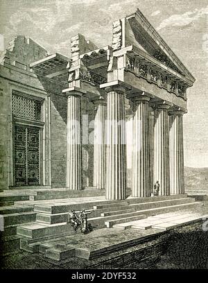 Sectional view of the east end of the Parthenon after Niemann. Northeast Corner of the Parthenon reconstructed by G Niemann with but little restoration from existing remains. On the gable front of the roof, the open triangular space (the pediment() of which was filled with the sculptures brought by Lord Elgin to England and now in the British Museum. For the ancient Greeks, the Parthenon served as a temple to the  goddess Athena. Completed in 432 B.C., it stood on the Acropolis in Athens. Within, at the west end of the nave, stood a 40-foot high statue of Athena Parthenos (Parthenos means 'mai Stock Photo