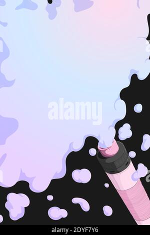 Vape mech mod with rebuildable dripping atomizer  and cloud of vapor. Background with E-cigarette art and place for text. Colorful Vector illustration Stock Vector