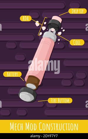 Mech mod vape construction with rebuildable dripping tank atomizer. E-cigarette concept. Electronic cigarette scheme. Colorful Vector illustration in Stock Vector