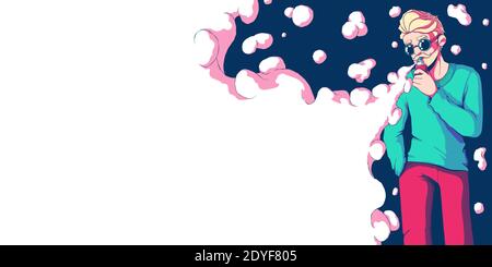 Bearded hipster man vaper stand and smoke vape mode. Vaping man. Alternative to smoking. Quit smoking. Healthy lifestyle. Vector illustration in color Stock Vector