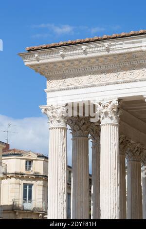 The Maison Carree in the Place de la Comedie is a Roman temple which was erected at the time of Augustus between 20 and 12 B.C.. Stock Photo