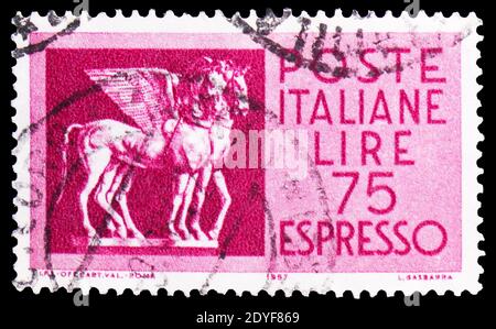 MOSCOW, RUSSIA - MARCH 23, 2019: A stamp printed in Italy shows Etruscan Winged Horses, serie, circa 1958 Stock Photo