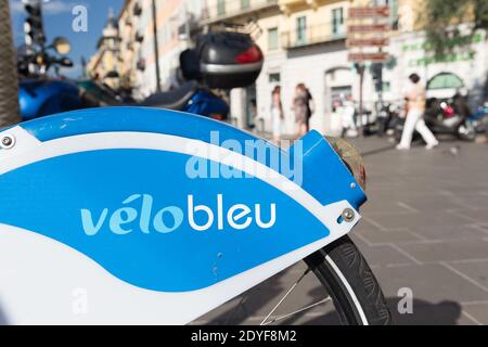 Velobleu Shared Bicycles on Promenade des Anglais Stock Photo