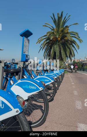 France Nice Cote d'Azur Velobleu Shared Bicycles on Promenade des Anglais Stock Photo