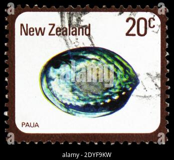 MOSCOW, RUSSIA - FEBRUARY 22, 2019: A stamp printed in New Zealand shows Paua (Haliotis iris), Shells and Snails serie, circa 1978 Stock Photo