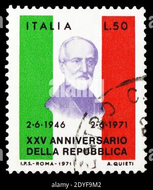 MOSCOW, RUSSIA - FEBRUARY 22, 2019: A stamp printed in Italy shows Giuseppe Mazzini, Italian Republic, serie, circa 1971 Stock Photo