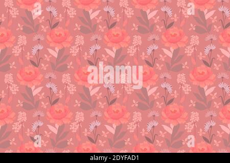 Vector floral seamless pattern. Pink, coral color, coffee color flowers, leaves. Stock Vector