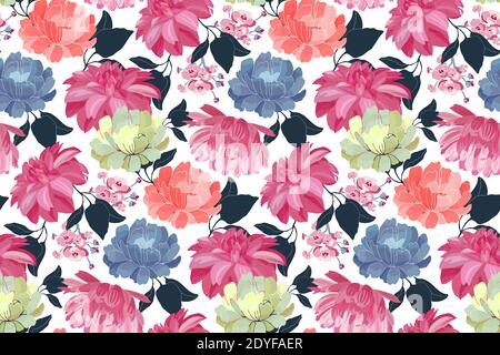 Vector floral seamless pattern. Pink, blue, yellow, coral color flowers. Stock Vector