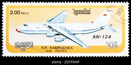 MOSCOW, RUSSIA - MARCH 23, 2019: Postage stamp printed in Kampuchea (Cambodia) shows Antonov An-24, Aircraft serie, circa 1986 Stock Photo