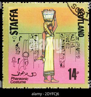 MOSCOW, RUSSIA - MAY 25, 2019: Postage stamp printed in Cinderellas shows Pharaonic costume, 14 p due, Staffa Scotland serie, circa 1980 Stock Photo