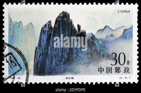 MOSCOW, RUSSIA - MAY 25, 2019: Postage stamp printed in China shows Shennu Peak, Nature serie, circa 1994 Stock Photo