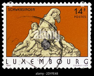 MOSCOW, RUSSIA - MAY 25, 2019: Postage stamp printed in Luxembourg shows Fountain, Schwebsingen, Tourism serie, circa 1993 Stock Photo
