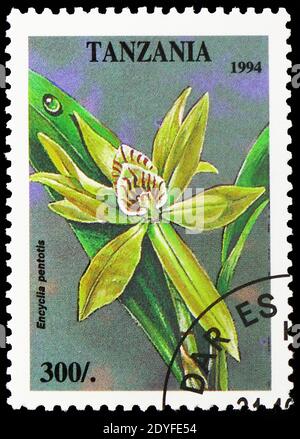 MOSCOW, RUSSIA - MAY 25, 2019: Postage stamp printed in Tanzania shows Encyclia pentotis, Tropical Flowers serie, circa 1994 Stock Photo