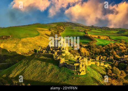 A landscape photograph of Corfe Castle  Dorset, England clicked during daytime. Stock Photo