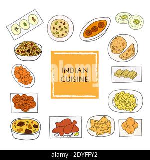 Vector hand drawn of indian cuisine set with aloo gobi, biryani, curry, malai kofta, naan, navratan, pakora, rasmalai. Design sketch element for menu Stock Vector