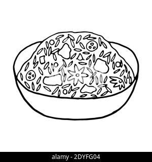 Vector hand drawn doodle biryani. Indian cuisine dish. Design sketch element for menu cafe, restaurant, label and packaging. Illustration on a white b Stock Vector