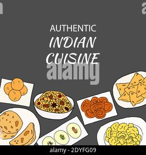 Vector hand drawn of indian cuisine poster with aloo gobi, biryani, laddu, naan, jalebi, sandesh. Design sketch element for menu cafe, bistro, restaur Stock Vector