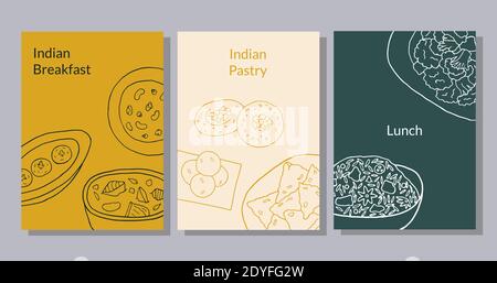 Hand drawn poster set with curry, malai kofta, navratan korma, aloo gobi, biryani, samosa, laddu, rasmalai. Design sketch element for menu cafe, bistr Stock Vector