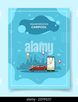 transportation carpool concept people around car smartphone map pointer location in display city for template of banners, flyer, books cover, magazine Stock Photo