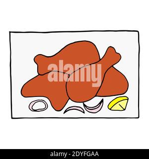 Vector hand drawn doodle chicken tandoori. Indian cuisine dish. Design sketch element for menu cafe, restaurant, label and packaging. Colorful illustr Stock Vector