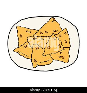 Vector hand drawn doodle samosa. Indian cuisine dish. Design sketch element for menu cafe, restaurant, label and packaging. Colorful illustration on a Stock Vector