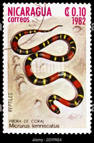 MOSCOW, RUSSIA - MARCH 23, 2019: Postage stamp printed in Nicaragua shows South American Coral Snake (Micrurus lemniscatus), Reptiles serie, circa 198 Stock Photo