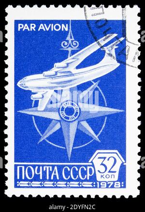 MOSCOW, RUSSIA - JUNE 19, 2019: Postage stamp printed in Soviet Union (USSR) shows Plane and compass, 12th Definitive Issue serie, circa 1978 Stock Photo
