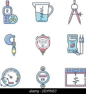 Measuring instruments RGB color icons set Stock Vector