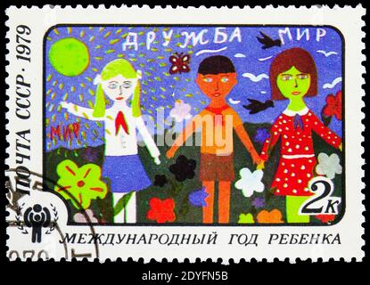 MOSCOW, RUSSIA - JUNE 19, 2019: Postage stamp printed in Soviet Union (USSR) shows 'Friendship' Lena Liberda (12th y.o., Zhitomir), International Year Stock Photo