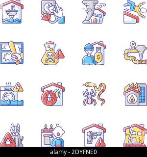 Home damage RGB color icons set Stock Vector