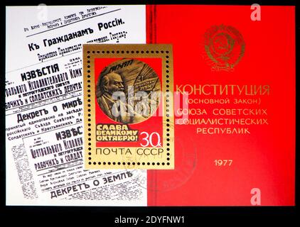 MOSCOW, RUSSIA - JUNE 19, 2019: Postage stamp printed in Soviet Union (USSR) shows Block devoted to 60th Anniversary of Great October Revolution, seri Stock Photo