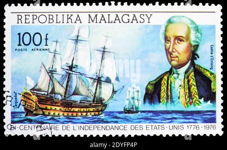 MOSCOW, RUSSIA - JUNE 19, 2019: Postage stamp printed in Madagascar shows Count Estaing, Charles Hector, french liner 'Languedoc', 200 years of Indepe Stock Photo