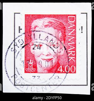 MOSCOW, RUSSIA - JUNE 19, 2019: Postage stamp printed in Denmark shows Queen Margrethe II, serie, circa 2000 Stock Photo