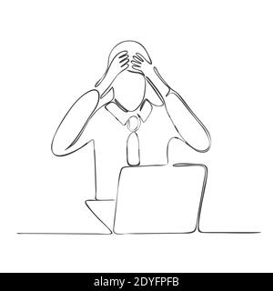 Office worker experiencing depression. Drawn by one continuous line. Isolated stock vector illustration. Stock Vector