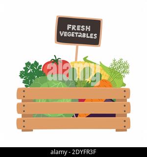 Fresh vegetables a wooden box. Vector illustration. Stock Vector