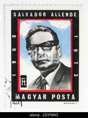 MOSCOW, RUSSIA - JULY 15, 2019: Postage stamp printed in Hungary shows Salvador Allende (1908-1973) president of Chile, Personalities serie, circa 197 Stock Photo