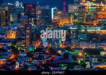 View of Cape Town's city center at night, South Africa Stock Photo