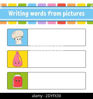 Writing words from pictures. Education developing worksheet. Learning game for kids. Activity page. Puzzle for children. Riddle for preschool. Isolate Stock Vector